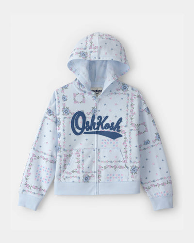 OshKosh Qız Çiçəkli Logo Zip-Up Huddi - Mavi
