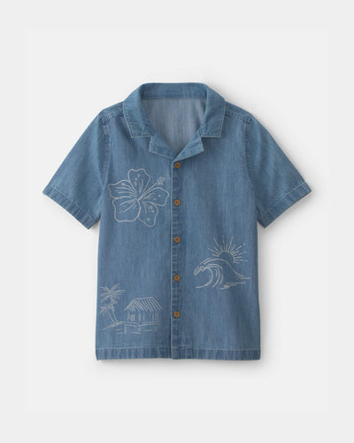 OshKosh B'gosh Oğlan Tropik Denim Qısa Tərtərəkli Düyməli Köynək - Orta Rəngli