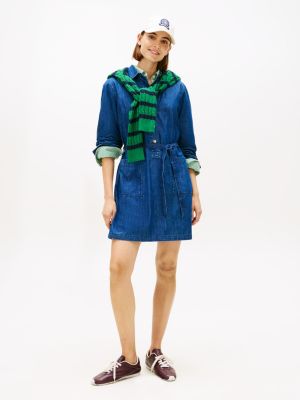 Tommy Hilfiger Kəmər Detallı Denim Mini Köynək Geyimi, Tünd Yuma