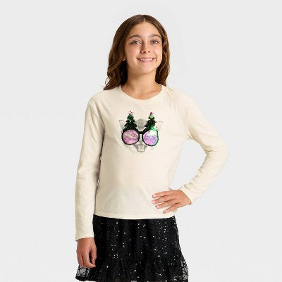 Cat & Jack Qız Uzun Qollu 'Milad Pişiyi' Çevrilən Paillat Köynəyi Krem M
