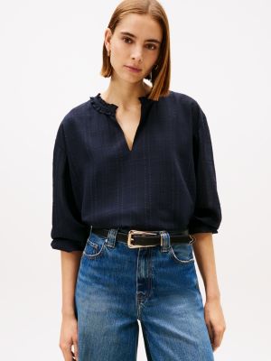 Tommy Hilfiger Şotland Deseni Şifon Pulover Bluzka, Tünd Mavi