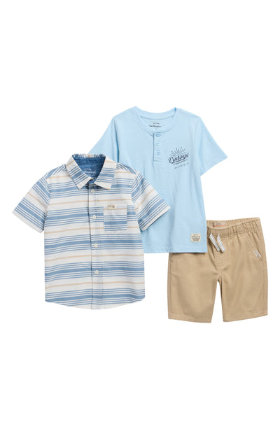 Weatherproof® Uşaq Çizgilər Qısa T袖 Poplin Düymə Köynək, Henley & Şalvar Dəsti
