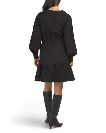 ELLEN TRACY Crinkle V-neck Mini Geyim Qara