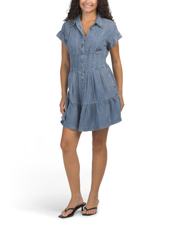 VELVET HEART Pintuck Qatlı Denim Mini Köynək Geyimi