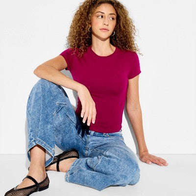 Qadın Qısa Təkəlli Crew Neck T-Shirt - Wild Fable™ Qara Reaktiv M YoxYox