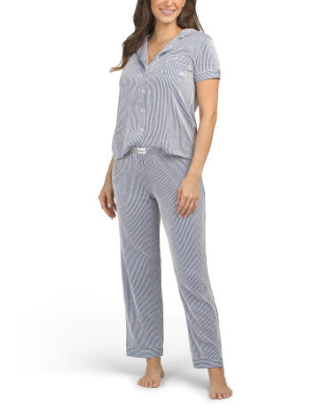 BORN 2 Parçalı Seersucker Notch Yaqa Qısa Kollu Pijama Üstü və Şalvarı Dəsti