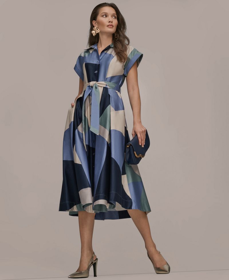 Donna Karan New York Qadın Kapalı Qollu Yayılmış Yaxası Həndəsi Rəngləri Orta Boy Köynək Geyimi