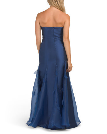 TERANI COUTURE Strapless Faux Feather Embellished Gown