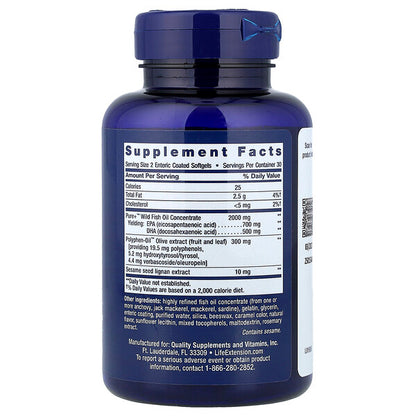 Life Extension Super Omega-3 EPA DHA Balıq Yağı Susam Liqnanları Zeytun Ekstraktı 60 Enterik Kapli Softjel