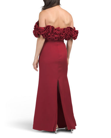 MAC DUGGAL Çiçəkli 3D Təsirli Açıq Çiyin Geyimi