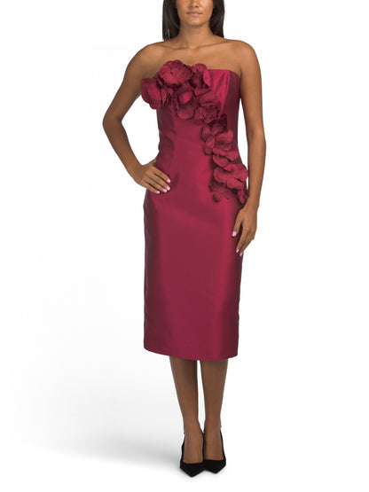 TERANI COUTURE Straplez 3D Çiçəkli Midi Geyim