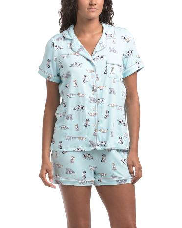 PILLOW TALK 2 hissəli Köpək Baskılı Qısa T袖li Çentik Yakalı Pijama Üstü və Şort Dəsti YoxYox