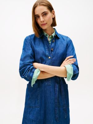 Tommy Hilfiger Kəmər Detallı Denim Mini Köynək Geyimi, Tünd Yuma