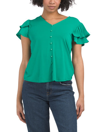 ADRIANNA PAPELL Solid Double Pleated Flutter Sleeve Knit Crepe Bluzka