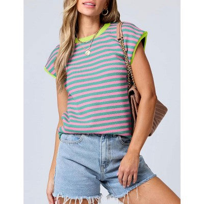 Coolmee Qadın Çizgili Jilet Pullover Manifaturası Yuvarlaq Yaxa Qısa Tərəvəz Yüngül Yay Gündəlik Geyimi Qırmızı/Yaşıl L