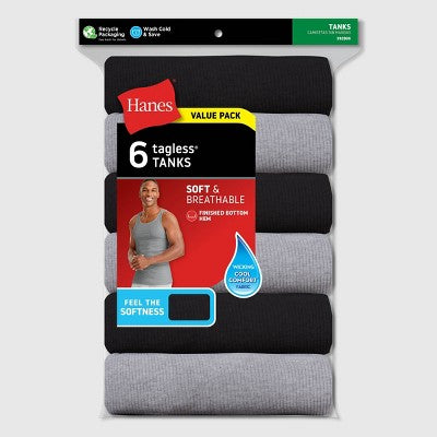 Hanes Kişi Tağsız Nəmlik Çəkən Ribli Майка 6-lı Paket - Boz/Qara L