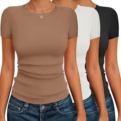 Ekouaer Qadın Qısa Kollu Köynək 3-Pack Crew Neck Yüksək Dar Fit Əsas Tişört Qara/Ağ/Qəhvəyi S