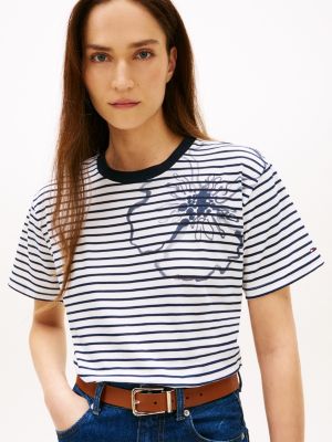 Tommy Hilfiger Mücərrəd Çiçək Nəqşi Zolaq Köynəyi, Optik Ağ