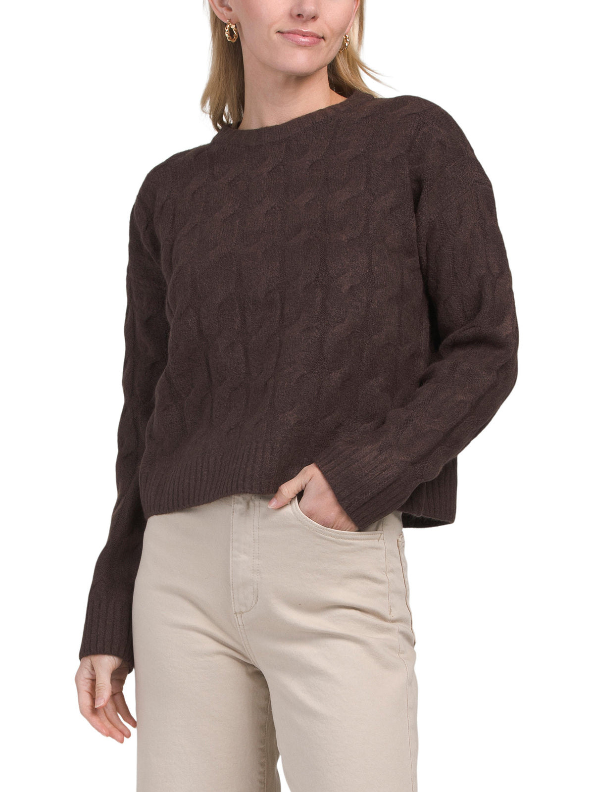 CECE Uzun Qol Geniş Kabel Örgü Crew Neck Çokolad Sveteri