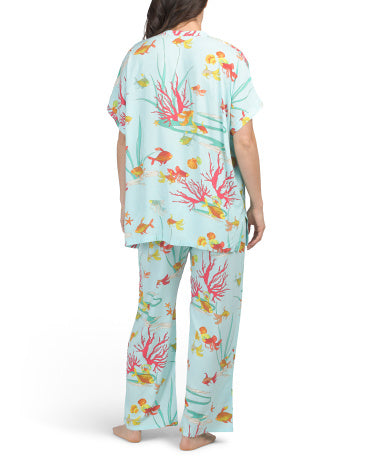 N NATORI Oceans Embrace Çap Edilmiş Mandarin Yaxası Bluzka və Şalvar Pijama Dəsti