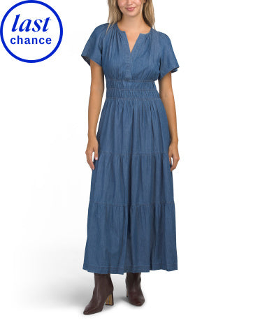 Üçlü Elastikli Smok Bel Chambray Maxi Geyim