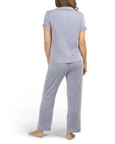 BORN 2 Parçalı Seersucker Notch Yaqa Qısa Kollu Pijama Üstü və Şalvarı Dəsti