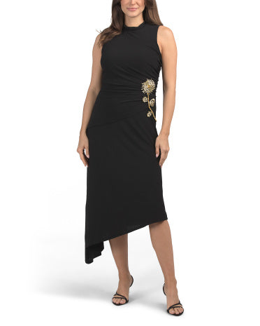 JS COLLECTIONS Boncuklu Çiçek Aplikesi Olan Kolsuz Mock Neck Maxi Geyim