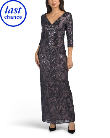 ADRIANNA PAPELL Elbow Sleeve Sequin Embellished Gown