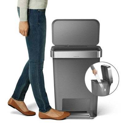 simplehuman 45L Mətbəx Pilləli Çöp Ləgəni Gri Plastik Düzbucaqlı Çöp Qabı Güclü Polad Pedalı