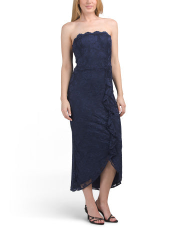 OLEG CASSINI Strapless Stretch Dantel Maxi Geyim Kəmərli