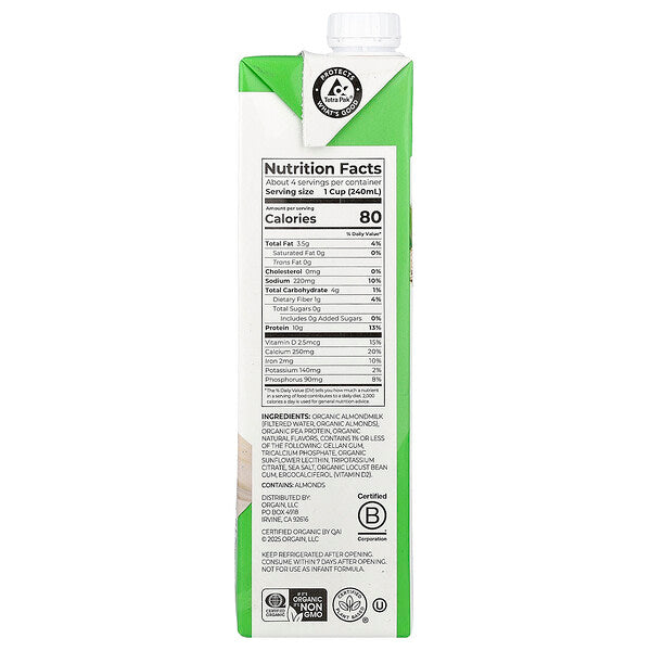 Orgain Organic Badam Sütü Protein Bitki Əsaslı Şəkərsiz Vanil 946 ml