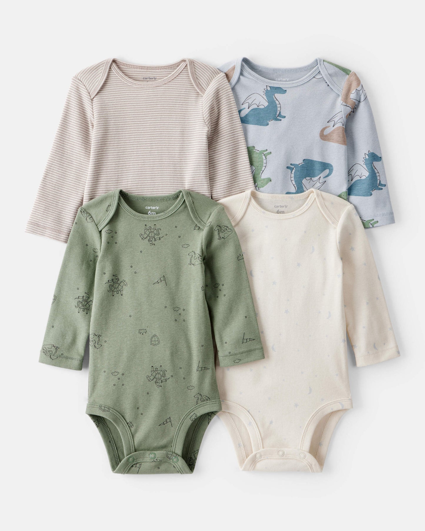 Carter's Oğlan 4-Paket Dragon Ulduz Nəqşi Pambıq Uzun Qol Bodysuit - Mavi/Ağ/Yaşıl