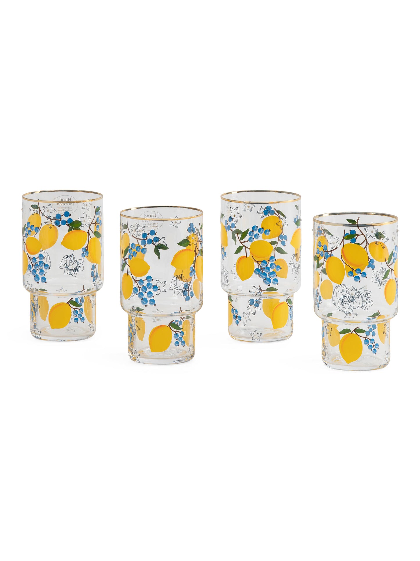 JOLIE FLEUR Əl Boyalı Limon Tasarımlı 4 Ədəd Highball Şüşə Qızılı Kənarla