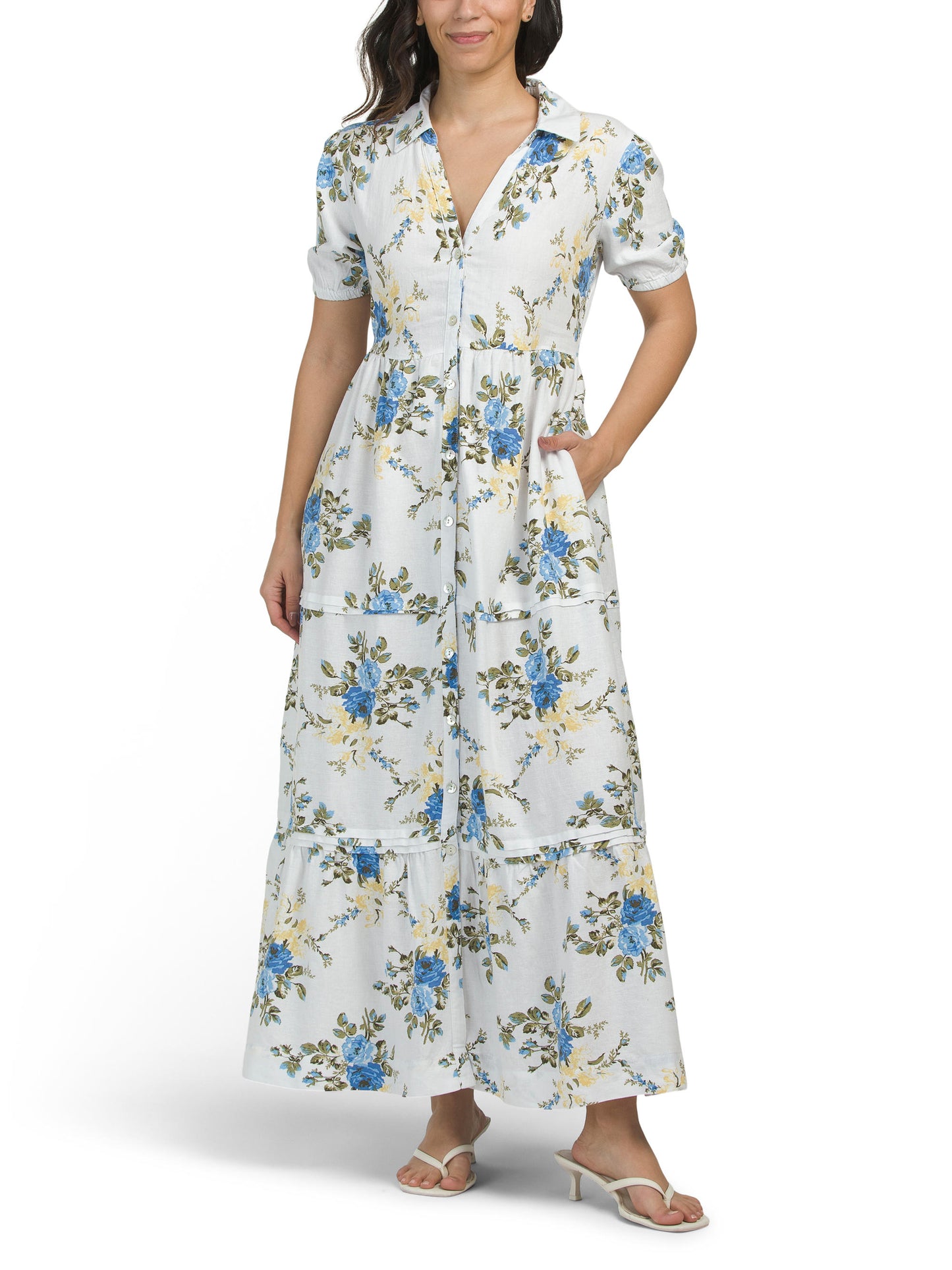 LAURA ASHLEY Kətən Qarışımlı Volümlü Qol Pileli Maxi Geyim