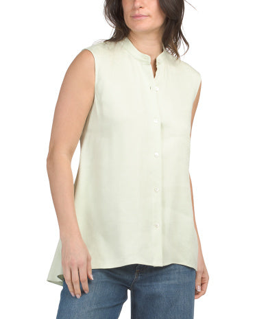 Linen Blend Sleeveless Top With Asymmetrical Drape Hem