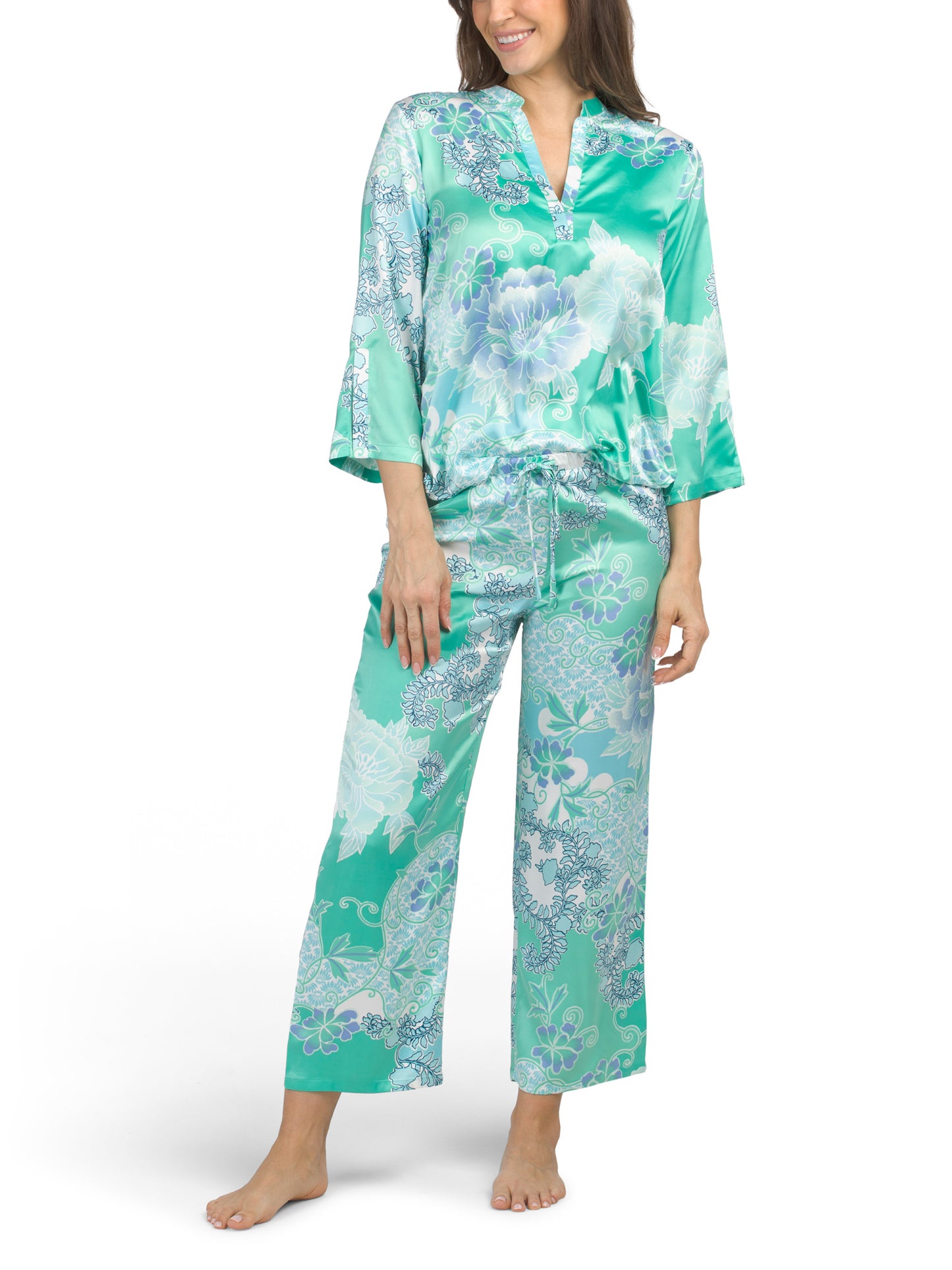 N NATORI 2pc Flourish Çap Saten Mandarin Yaxası Pijama Dəsti