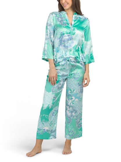 N NATORI 2pc Flourish Çap Saten Mandarin Yaxası Pijama Dəsti