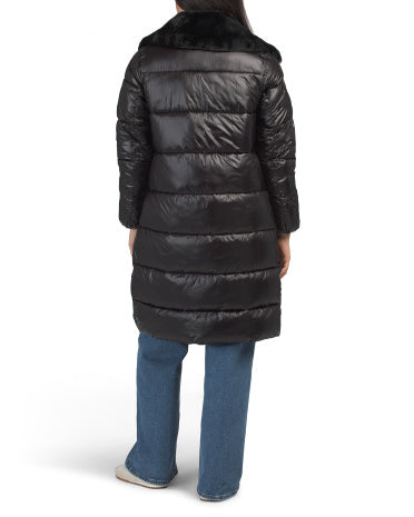 BCBGMAXAZRIA Yapon Dikişli Puffer Gödəkçə Süni Kürk Yaxası ilə