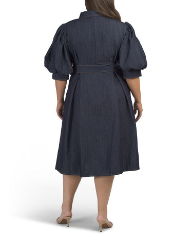 NANCY YANG Plus Puff Sleeve Belted Denim Midi Geyim