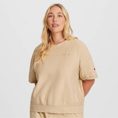 Champion Qadın Vintage Yıkama Qısa Tərəvəz Polar T-Shirt - Açıq Qəhvəyi 1X