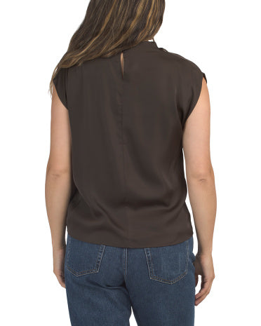 MODERN WORKS Mat Satin Yüksək Boyunlu Çiyin Qatlamalı Bluzka