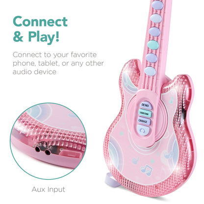 Best Choice Products 19in Uşaq Fləş Gitarası, Mikrofon və Stend ilə Kiçik Uşaqlar üçün Musiqi Oyuncağı - Yumşaq Çəhrayı YoxYox