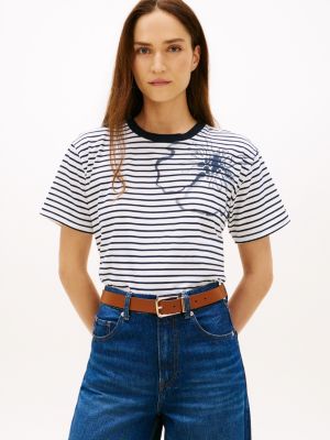 Tommy Hilfiger Mücərrəd Çiçək Nəqşi Zolaq Köynəyi, Optik Ağ