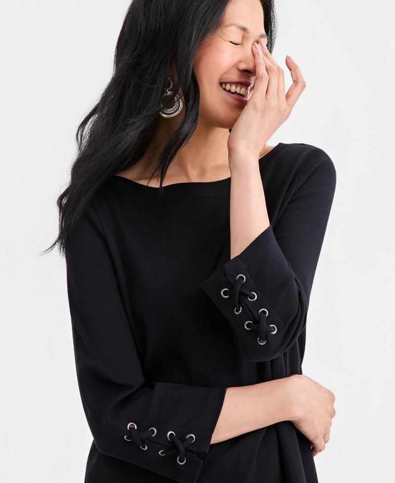 Style &amp; Co Qadın Bağcıqlı Tekne Yaqa Tunik Bluzka