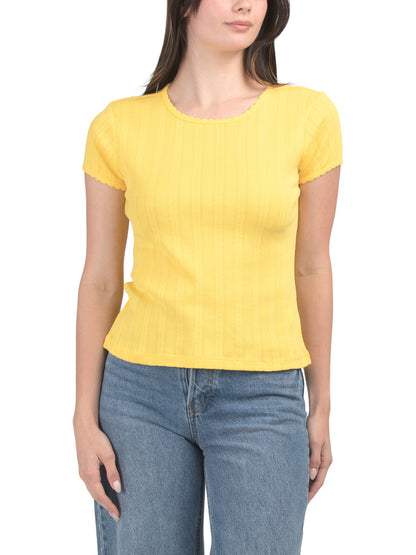 LAURA ASHLEY Qısa Kollu Crew Neck Pointelle Biplə Kənarları Olan Trikotaj Köynək