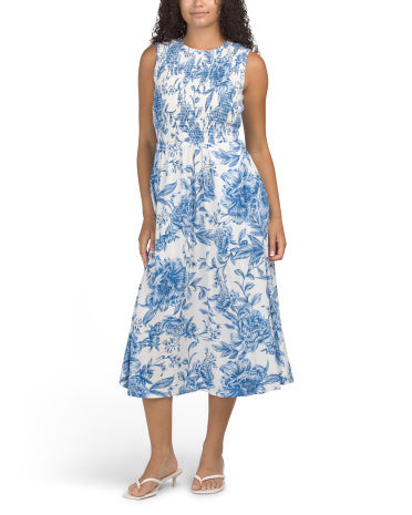 Smocked Bodice Floral Print Midi Dress