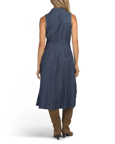 Yaqa Detaylı Pintuq Chambray Midi Geyim