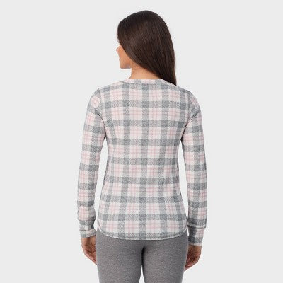 Warm Essentials by Cuddl Duds Qadın Vafli Uzun Qol Crewneck Bluzka - Çəhrayı Kareli S