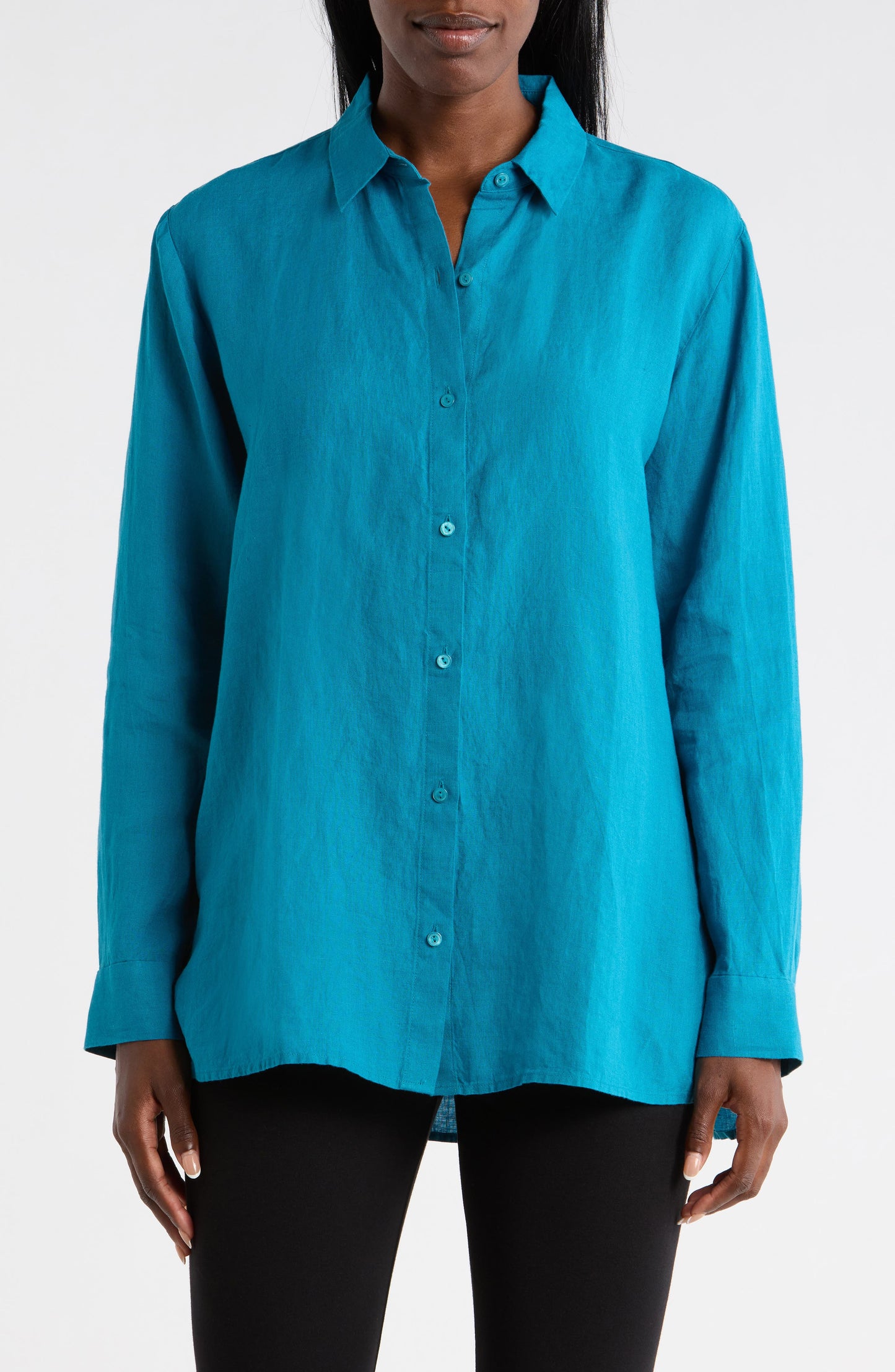 Eileen Fisher Klassik Collar Organic Kətən Düymə Köynəyi