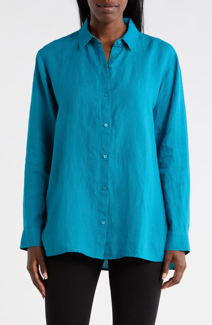Eileen Fisher Klassik Collar Organic Kətən Düymə Köynəyi